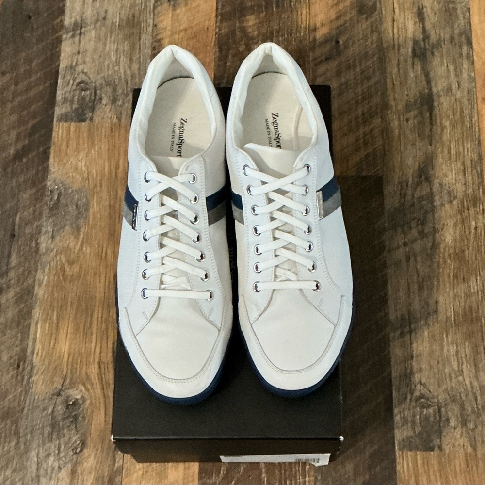 Zegna Sport White Leather Trainers – Blue Stripe – Men’s Size 12 - Picture 10 of 12